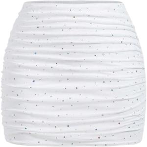 imageSOLY HUX Womens Glitter Mini Skirt Sparkly Rhinestone Mesh Ruched Bodycon Party Club Going Out SkirtsPlain White