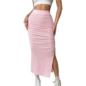 imageSOLY HUX Womens High Waisted Ruched Split Skirt Bodycon Pencil Going Out Long SkirtsPure Pink