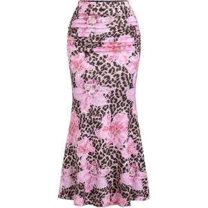 imageSOLY HUX Womens Leopard Floral Maxi Skirt Cheetah Print Ruched Fishtail Bodycon Long SkirtsPink Floral