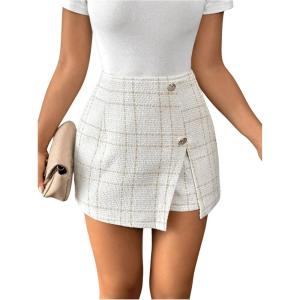 imageSOLY HUX Womens Plaid Wrap Tweed Skirt High Waisted Button Front Split Hem Elegant Work Mini SkortMulticolor Plaid
