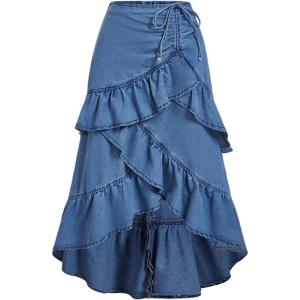 imageSOLY HUX Womens Plus Size Ruffle Jean Skirt Y2k Bow Layered Asymmetrical Midi Denim SkirtsPlain Blue
