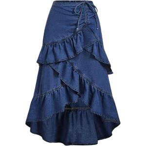 imageSOLY HUX Womens Plus Size Ruffle Jean Skirt Y2k Bow Layered Asymmetrical Midi Denim SkirtsPure Dark Blue