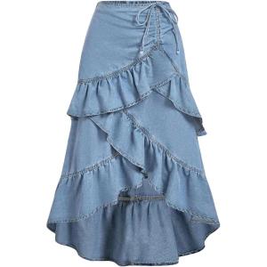 imageSOLY HUX Womens Plus Size Ruffle Jean Skirt Y2k Bow Layered Asymmetrical Midi Denim SkirtsPure Light Blue