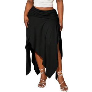 imageSOLY HUX Womens Plus Size Skirt Ruched Elastic Waist Split Asymmetrical Hem Long SkirtsPlain Black