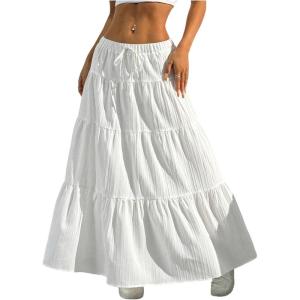 imageSOLY HUX Womens Ruffle Maxi Skirt Tie Front Elastic Waist A Line Flowy Vacation Casual Long SkirtsPure White