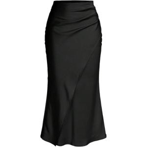 imageSOLY HUX Womens Satin Maxi Skirt Elegant Wrap High Waisted Ruched Fishtail Dressy Casual SkirtsPure Black