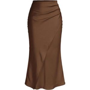 imageSOLY HUX Womens Satin Maxi Skirt Elegant Wrap High Waisted Ruched Fishtail Dressy Casual SkirtsPure Brown