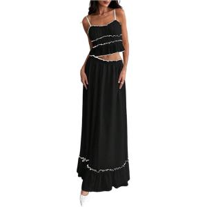imageSOLY HUX Womens Skirt Sets 2 Piece Outfits Contrast Trim Ruffle Hem Cami Tops and Maxi Skirt Vacation SetPlain Black