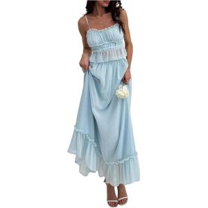 imageSOLY HUX Womens Skirt Sets 2 Piece Outfits Contrast Trim Ruffle Hem Cami Tops and Maxi Skirt Vacation SetPlain Blue