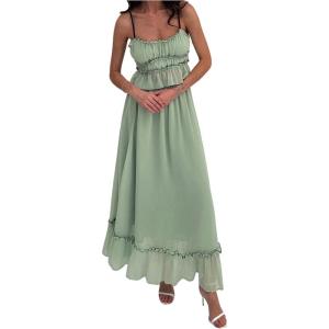 imageSOLY HUX Womens Skirt Sets 2 Piece Outfits Contrast Trim Ruffle Hem Cami Tops and Maxi Skirt Vacation SetPlain Green