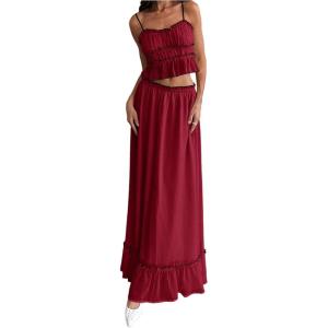 imageSOLY HUX Womens Skirt Sets 2 Piece Outfits Contrast Trim Ruffle Hem Cami Tops and Maxi Skirt Vacation SetPlain Red