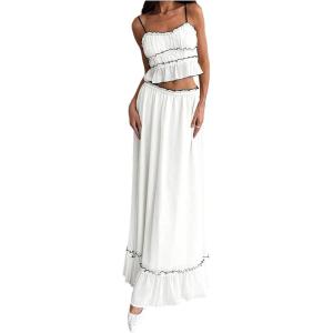 imageSOLY HUX Womens Skirt Sets 2 Piece Outfits Contrast Trim Ruffle Hem Cami Tops and Maxi Skirt Vacation SetPlain White