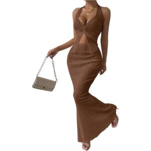 imageSOLY HUX Womens Two Piece Outfits Twist Front Halter Cami Tops and Skirt Summer SetBronze Textured