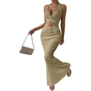 imageSOLY HUX Womens Two Piece Outfits Twist Front Halter Cami Tops and Skirt Summer SetChampagne Textured