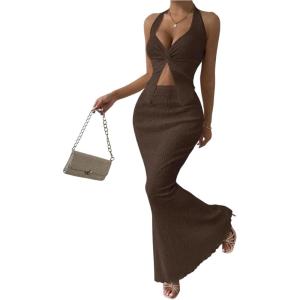 imageSOLY HUX Womens Two Piece Outfits Twist Front Halter Cami Tops and Skirt Summer SetChocolate Brown Textured