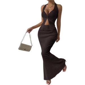 imageSOLY HUX Womens Two Piece Outfits Twist Front Halter Cami Tops and Skirt Summer SetMocha Brown Textured