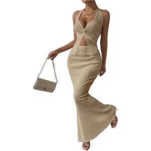 imageSOLY HUX Womens Two Piece Outfits Twist Front Halter Cami Tops and Skirt Summer SetPlain Apricot