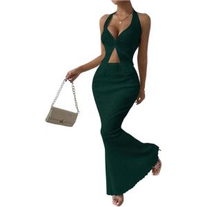 imageSOLY HUX Womens Two Piece Outfits Twist Front Halter Cami Tops and Skirt Summer SetPlain Dark Green