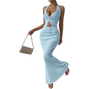 imageSOLY HUX Womens Two Piece Outfits Twist Front Halter Cami Tops and Skirt Summer SetPlain Light Blue