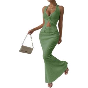 imageSOLY HUX Womens Two Piece Outfits Twist Front Halter Cami Tops and Skirt Summer SetPlain Olive Green