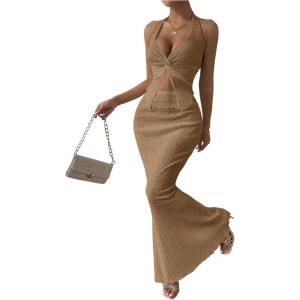 imageSOLY HUX Womens Two Piece Outfits Twist Front Halter Cami Tops and Skirt Summer SetSolid Brown