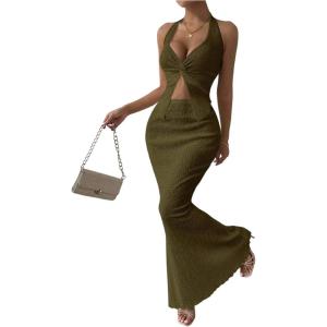 imageSOLY HUX Womens Two Piece Outfits Twist Front Halter Cami Tops and Skirt Summer SetSolid Olive Green