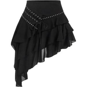 imageSOLY HUX Womens Y2k Ruffle Mini Skirt Gothic Mesh Asymmetrical Concert Music Festival SkirtsPure Black