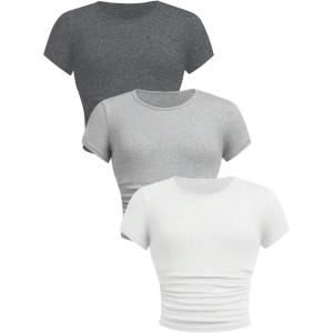 imageSOLY HUX Girls Basic TShirts Set Crew Neck Short Sleeve Crop Top 3 Packs Summer Fitted TeesWhite Dark Grey and Grey