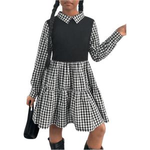 imageSOLY HUX Girls Plaid Dress Collar Long Sleeve A Line Ruffle Hem Short Dresses Black and White Gingham 10Y