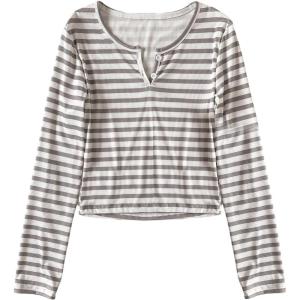 imageSOLY HUX Girls Striped T Shirt Long Sleeve Button Henley Shirts Fitted Fall Tops ClothesWhite Striped