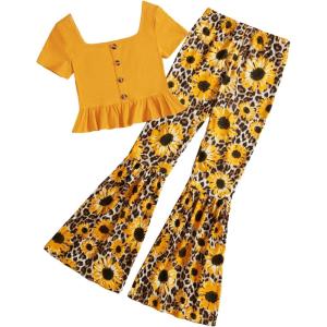 imageSOLY HUX Girls Two Piece Outfits Summer Tops Short Sleeve TShirt Graphic Tee ampamp Floral Print Flare Leg Pants Set Yellow Sunflower 1011Y