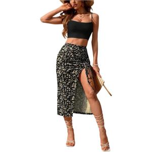 imageSOLY HUX Womens Summer Two Piece Outfits Cami Tops and Floral Print Drawstring Split Skirt SetBlack Flower