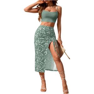 imageSOLY HUX Womens Summer Two Piece Outfits Cami Tops and Floral Print Drawstring Split Skirt SetGreen Floral Print
