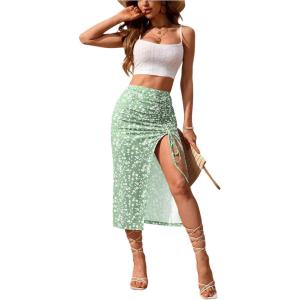 imageSOLY HUX Womens Summer Two Piece Outfits Cami Tops and Floral Print Drawstring Split Skirt SetGreen Flower