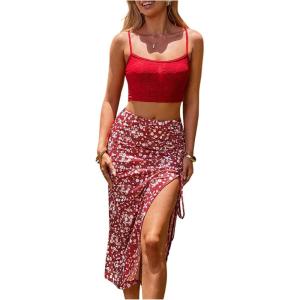 imageSOLY HUX Womens Summer Two Piece Outfits Cami Tops and Floral Print Drawstring Split Skirt SetRed Flower