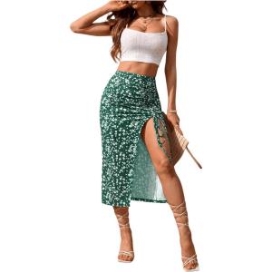 imageSOLY HUX Womens Summer Two Piece Outfits Cami Tops and Floral Print Drawstring Split Skirt SetWhite and Green Floral