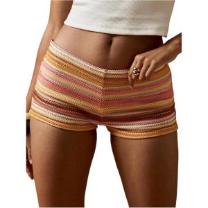 imageSOLY HUX Womens Striped Micro Shorts Y2k Crochet Knit Elastic Low Rise Color Block Lounge Mini ShortsYellow Striped