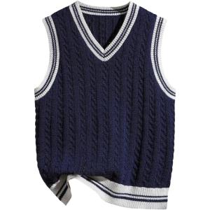 image:imageSOLY HUX Boys Cable Knit Sweater Vest Striped Trim V Neck Sleeveless Casual Fall TopsDark Blue