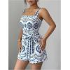 image:imageSOLY HUX Womens Boho Print Wide Leg Short Jumpsuits Summer Square Neck Belted Vacation RomperBlue and White