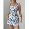 image:imageSOLY HUX Womens Boho Print Wide Leg Short Jumpsuits Summer Square Neck Belted Vacation RomperBlue and White