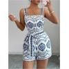 image:imageSOLY HUX Womens Boho Print Wide Leg Short Jumpsuits Summer Square Neck Belted Vacation RomperBlue and White