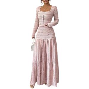 image:imageSOLY HUX Womens Maxi Skirt Set 2 Piece Outfits Long Sleeve Button Up Top and Flowy Skirts Fall ClothesPure Pink