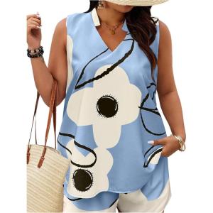 image:imageSOLY HUX Womens Plus Size 2 Piece Outfits Floral Print Notch V Neck Tank Top and Shorts SetBlue Floral