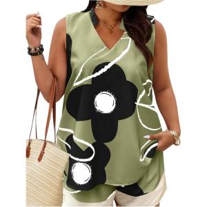 image:imageSOLY HUX Womens Plus Size 2 Piece Outfits Floral Print Notch V Neck Tank Top and Shorts SetDark Green Floral