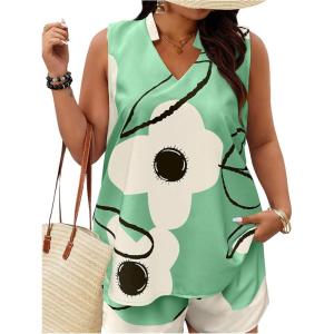 image:imageSOLY HUX Womens Plus Size 2 Piece Outfits Floral Print Notch V Neck Tank Top and Shorts SetGreen Floral