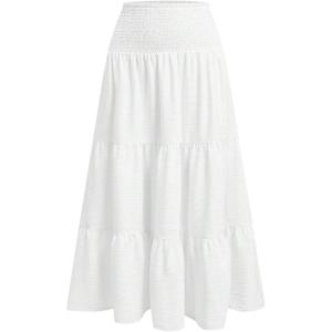 image:imageSOLY HUX Womens Ruffle Skirt Shirred Elastic Waist A Line Flowy Going Out Casual Vacation Long SkirtsPure White