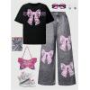 image:imageSOLY HUX Girls Clothing Set 2 Piece Bow Graphic T Shirts Wide Leg Pants Summer Outfit Preppy ClothesBlack Grey Bows
