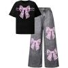 image:imageSOLY HUX Girls Clothing Set 2 Piece Bow Graphic T Shirts Wide Leg Pants Summer Outfit Preppy ClothesBlack Grey Bows