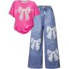 image:imageSOLY HUX Girls Clothing Set 2 Piece Bow Graphic T Shirts Wide Leg Pants Summer Outfit Preppy ClothesPink and Blue