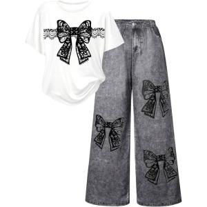 image:imageSOLY HUX Girls Clothing Set 2 Piece Bow Graphic T Shirts Wide Leg Pants Summer Outfit Preppy ClothesWhite and Black